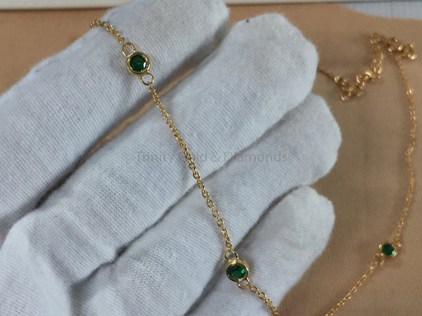 Layered Chain Necklace • Station Diamond Necklace for Women • Bezel Set Green Emerald Chain Necklace for Her • 18 Inch With Cable Chain
