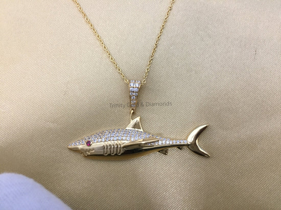 Fish Pendant Necklace • Silver Fish Necklace • Moissanite Diamond Studded Fish Necklace For Women • Shark Fish Diamond Pendant Gift for Her