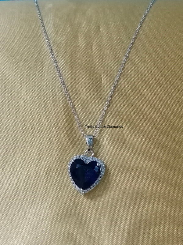 Sapphire Heart Pendant • Moissanite & Sapphire Heart Pendant, Classic Heart Pendant, 14KT White Gold plated • Valentines Day Gift For Her