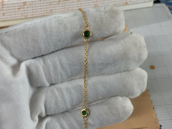 Layered Chain Necklace • Station Diamond Necklace for Women • Bezel Set Green Emerald Chain Necklace for Her • 18 Inch With Cable Chain