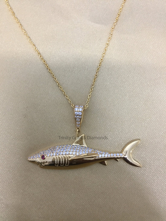 Fish Pendant Necklace • Silver Fish Necklace • Moissanite Diamond Studded Fish Necklace For Women • Shark Fish Diamond Pendant Gift for Her