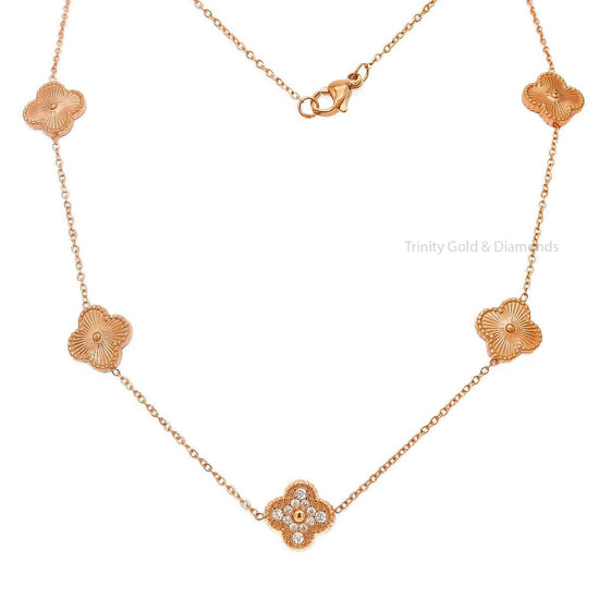 Clover Shape Diamond Necklace For Women • 14KT Yellow Gold Over 925 Sterling Silver • Perfect Gift For Women • Size 16-24 Inch • Fish Lock