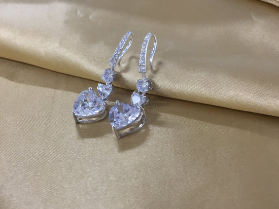 Dangle Heart Earrings • Chandelier Earrings • Heart Shape and Round Diamond Earrings for Women • Anniversary Gift for Women •