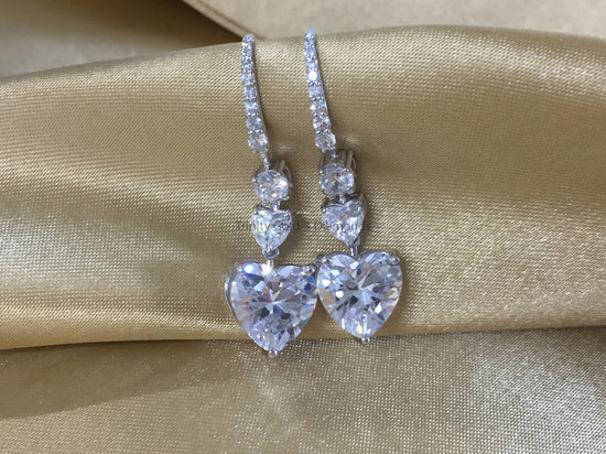 Dangle Heart Earrings • Chandelier Earrings • Heart Shape and Round Diamond Earrings for Women • Anniversary Gift for Women •