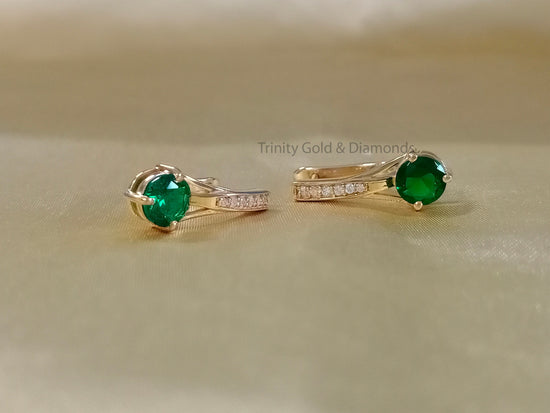 Emerald Hoop Earring • Gold Hoop Earring for Women • Green Emerald and White Moissanite Diamond Hoop Earring for Women • Gift For Her