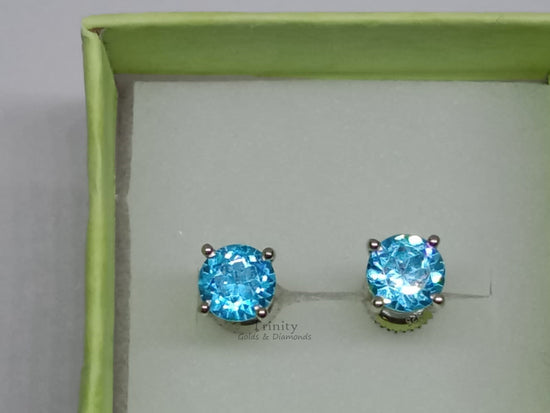 Round Blue Topaz Stud Earrings, 925 Sterling Silver, Screw Back Earrings, Topaz Solitaire Studs, Minimalist Stud Earrings, Anniversary Gifts