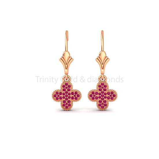 Ruby Gemstone Dangle Earrings Women • Flower Earrings • Clover Shape Earring with Lever Back • Perfect Gift for women •