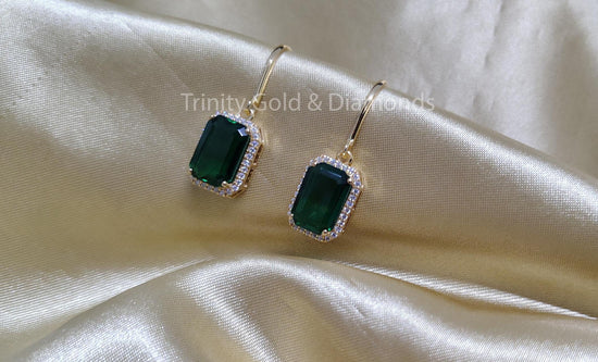 Emerald Cut Green Emerald Earrings • Art Deco Earrings • Halo Moissanite Earrings • Wire Earrings • Dangle Drop Earrings • Anniversary Gift