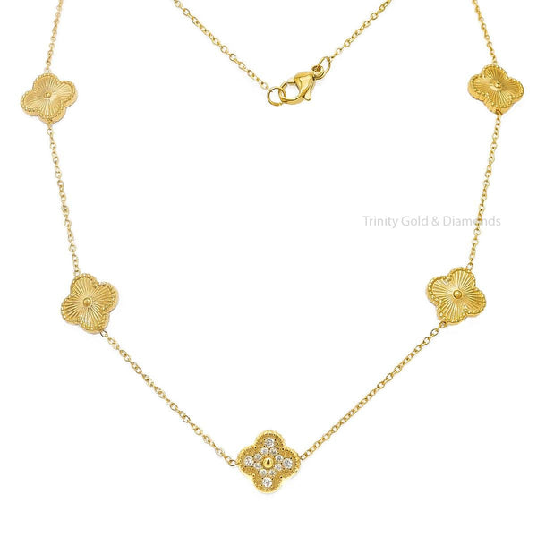 Clover Shape Diamond Necklace For Women • 14KT Yellow Gold Over 925 Sterling Silver • Perfect Gift For Women • Size 16-24 Inch • Fish Lock