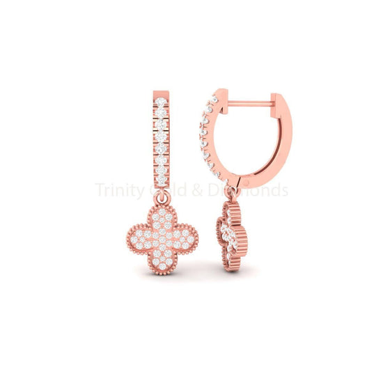 Clover Shape Diamond Hoop Earring For Women • 14KT Gold Over 925 Sterling Silver • Perfect Gift • Size-30mm • Flower Dangle Drop Hoop