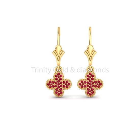 Ruby Gemstone Dangle Earrings Women • Flower Earrings • Clover Shape Earring with Lever Back • Perfect Gift for women •