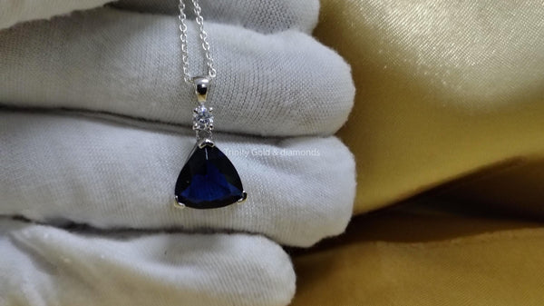 Trillion Cut Sapphire diamond Pendant for Women • Blue Sapphire and White Moissanite Diamond Pendant Necklace for Her • Birthday Gift