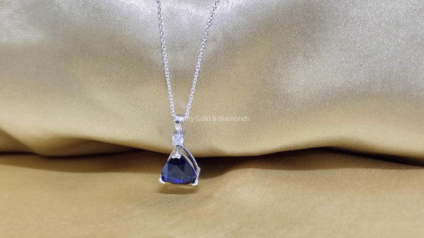 Trillion Cut Sapphire diamond Pendant for Women • Blue Sapphire and White Moissanite Diamond Pendant Necklace for Her • Birthday Gift