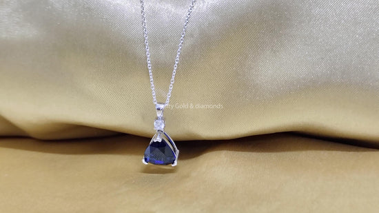 Trillion Cut Sapphire diamond Pendant for Women • Blue Sapphire and White Moissanite Diamond Pendant Necklace for Her • Birthday Gift