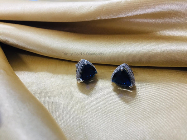 Blue Sapphire Trillian Cut Diamond Stud Earrings • Dainty Stud Earrings • Moissanite Diamond Stud • Minimalist Earrings • Birthday Gift