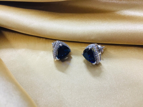 Blue Sapphire Trillian Cut Diamond Stud Earrings • Dainty Stud Earrings • Moissanite Diamond Stud • Minimalist Earrings • Birthday Gift