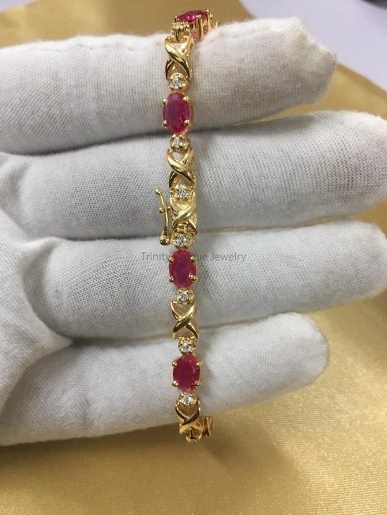 Oval Ruby Tennis Bracelet for Women • 6 x 4 Ruby and White Moissanite Silver Tennis Bracelet • Anniversary Gift Size-7"• Statement Bracelet