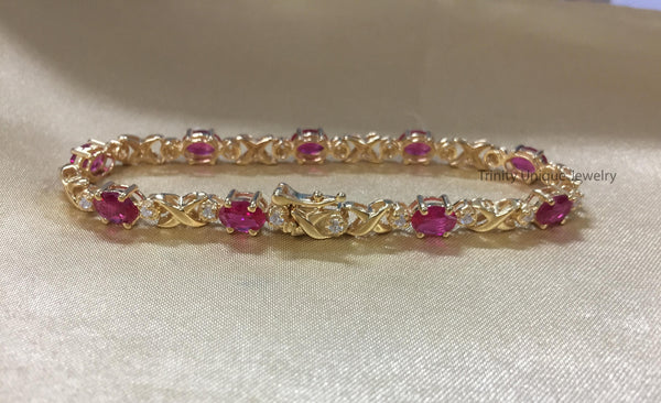 Oval Ruby Tennis Bracelet for Women • 6 x 4 Ruby and White Moissanite Silver Tennis Bracelet • Anniversary Gift Size-7