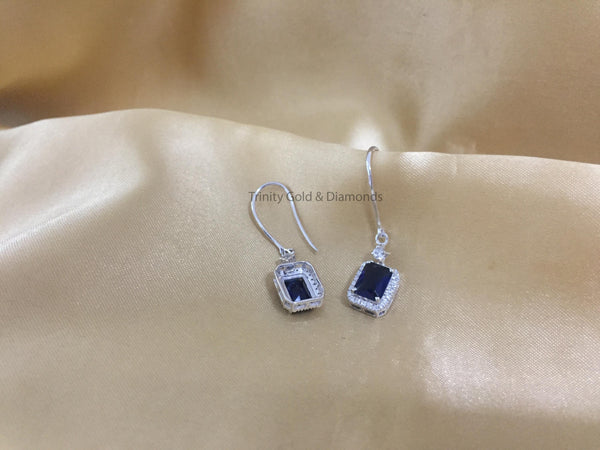 Sapphire Dangle Earrings • Emerald Cut Blue Sapphire and White Moissanite Diamond Earring For Women • Wedding Anniversary Gift • Wire Earr
