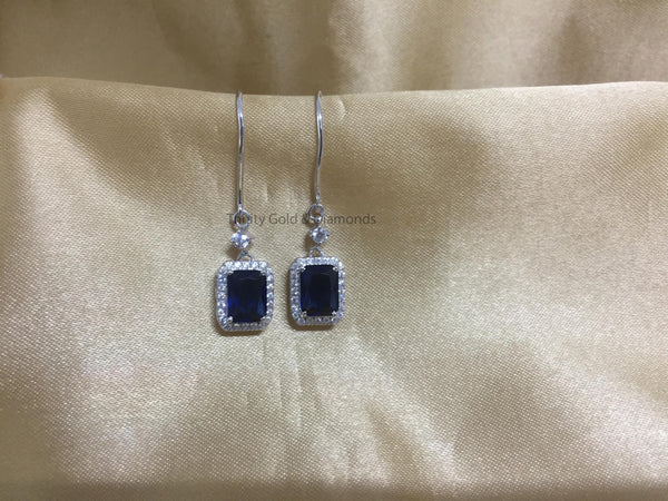 Sapphire Dangle Earrings • Emerald Cut Blue Sapphire and White Moissanite Diamond Earring For Women • Wedding Anniversary Gift • Wire Earr
