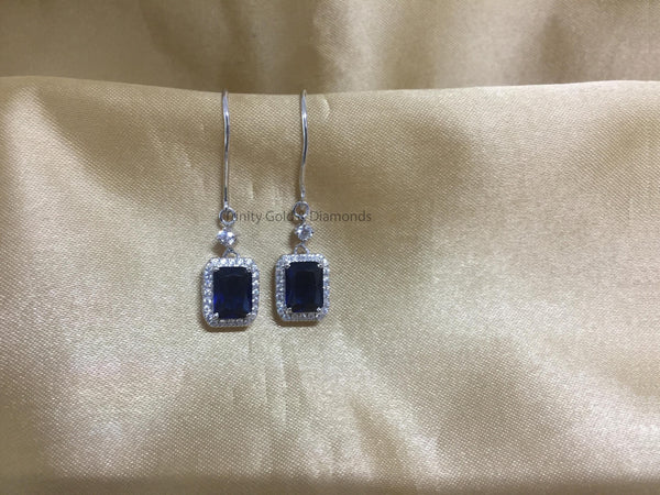 Sapphire Dangle Earrings • Emerald Cut Blue Sapphire and White Moissanite Diamond Earring For Women • Wedding Anniversary Gift • Wire Earr