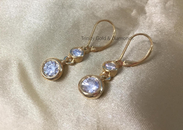 Bezel Earring For women • Diamond Earrings • Solitaire Earrings • Lever Back Earrings • Gift for Women • Two Stone Dangle Earrings