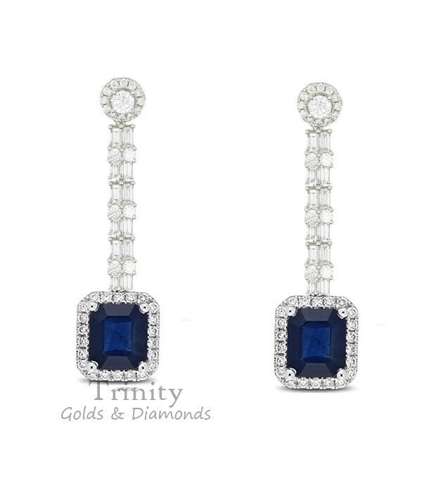 Emerald Cut Blue Sapphire Diamond Dangle Earrings for Women, Birthstone Dangle Drop Earrings Christmas Gift For Women