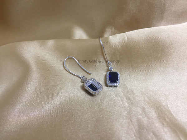 Sapphire Dangle Earrings • Emerald Cut Blue Sapphire and White Moissanite Diamond Earring For Women • Wedding Anniversary Gift • Wire Earr
