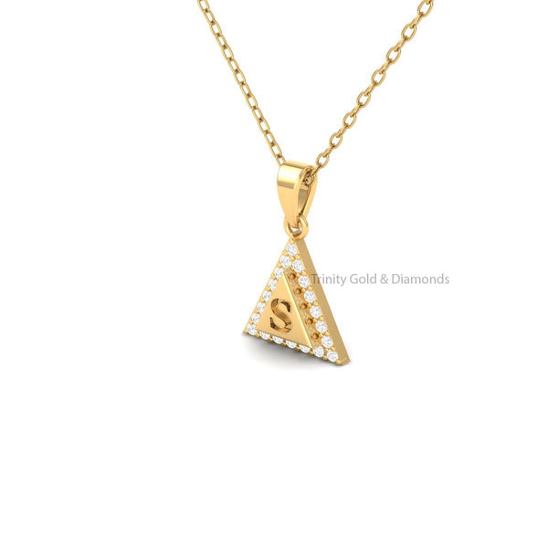 Triangle Initial Pendant •  Lab Grown Round Diamond All Letters A-Z Halo Design Charm • Pendant Necklace • Solid 14KT White/Yellow Rose Gold