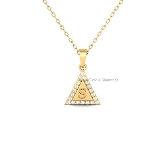 Triangle Initial Pendant •  Lab Grown Round Diamond All Letters A-Z Halo Design Charm • Pendant Necklace • Solid 14KT White/Yellow Rose Gold