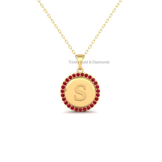 Initial Pendant •  Gemstone  A-Z Halo Circle Design Charm Pendant Necklace for Women • Solid 14KT White/Yellow Rose Gold • Perfect Gift