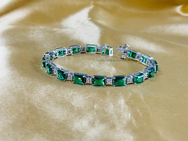 Emerald Cut White Moissanite and Green Emerald Diamond Tennis Bracelet for Women • Anniversary Gift • Size 6-9 Inches