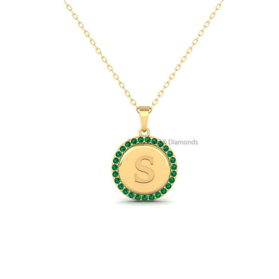 Initial Pendant •  Gemstone  A-Z Halo Circle Design Charm Pendant Necklace for Women • Solid 14KT White/Yellow Rose Gold • Perfect Gift