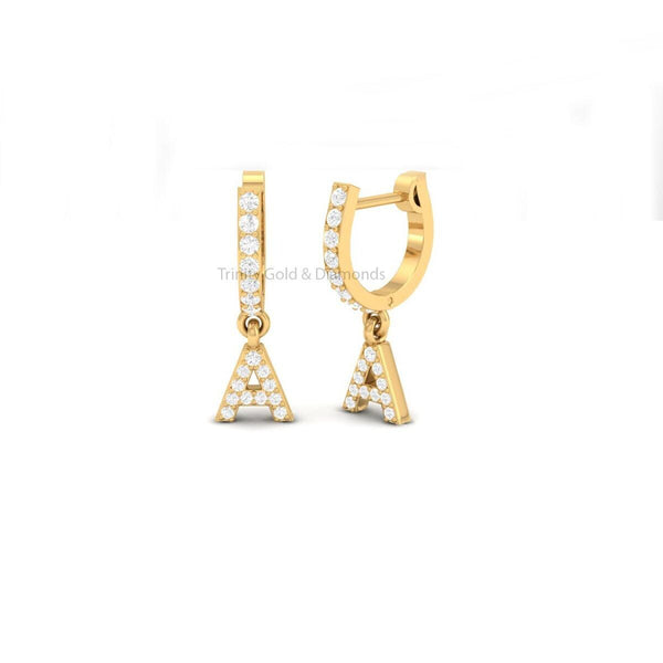 Letter Dangle Charm Hoop Earring • Initial Hoop Earring • Personalized Diamond Studded Initial Earrings • Lab Grown Diamond Women's Hoops