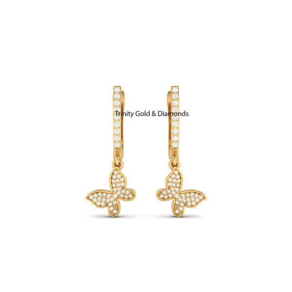 14k Gold Dangly Diamond Butterfly Earrings, Butterfly Charm Huggies, Butterfly Hoop Earring •Lab Grown Diamond Hoop Earring for Women's Gift