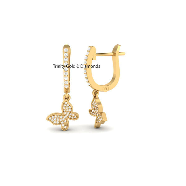 14k Gold Dangly Diamond Butterfly Earrings, Butterfly Charm Huggies, Butterfly Hoop Earring •Lab Grown Diamond Hoop Earring for Women's Gift