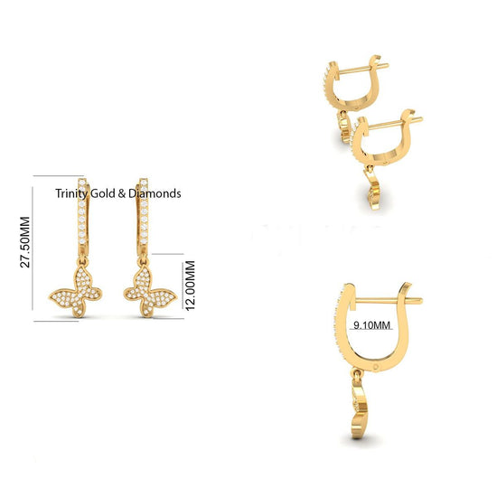 14k Gold Dangly Diamond Butterfly Earrings, Butterfly Charm Huggies, Butterfly Hoop Earring •Lab Grown Diamond Hoop Earring for Women&