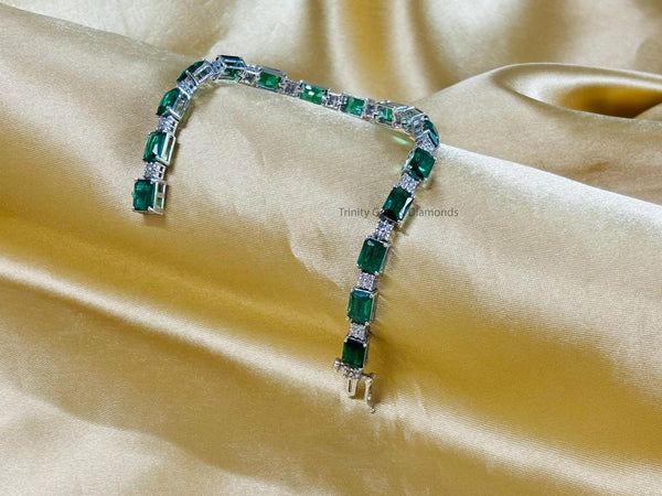 Emerald Cut White Moissanite and Green Emerald Diamond Tennis Bracelet for Women • Anniversary Gift • Size 6-9 Inches