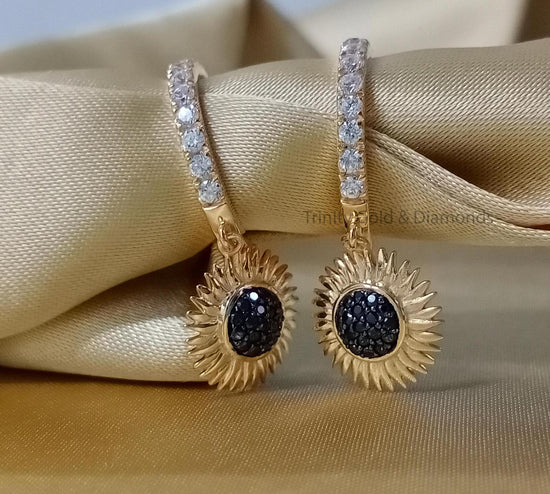 Sunflower Earrings • Diamond Flower Cluster Dangle Earrings • Wedding & Engagement Earrings • Statement Earrings • Black Stone Earrings
