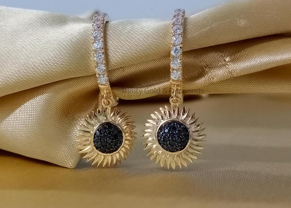 Sunflower Earrings • Diamond Flower Cluster Dangle Earrings • Wedding & Engagement Earrings • Statement Earrings • Black Stone Earrings