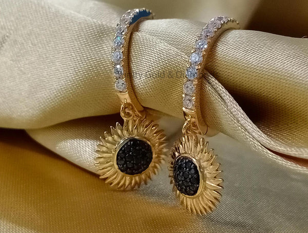 Sunflower Earrings • Diamond Flower Cluster Dangle Earrings • Wedding & Engagement Earrings • Statement Earrings • Black Stone Earrings