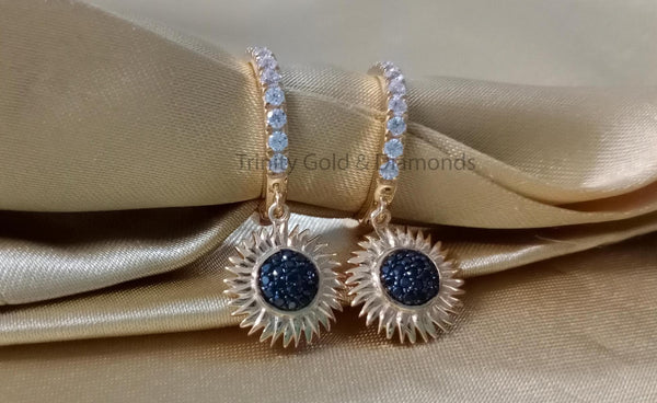 Sunflower Earrings • Diamond Flower Cluster Dangle Earrings • Wedding & Engagement Earrings • Statement Earrings • Black Stone Earrings