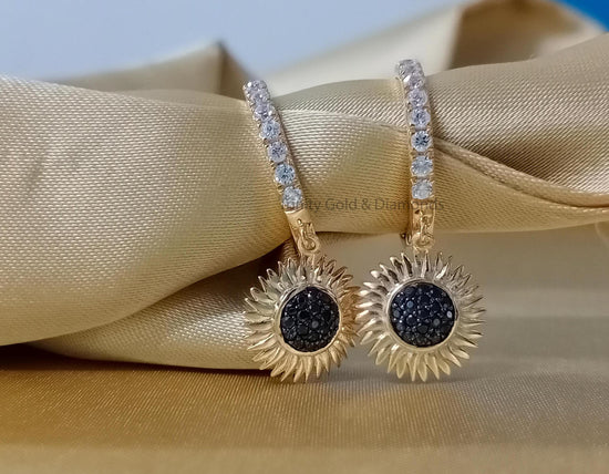 Sunflower Earrings • Diamond Flower Cluster Dangle Earrings • Wedding & Engagement Earrings • Statement Earrings • Black Stone Earrings