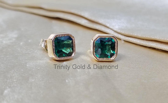 Emerald Stud Earring • Hexagon Shape Emerald Stud Earrings for Women •  Perfect Gift • Stud With Push Back • Handset Bezel Studs