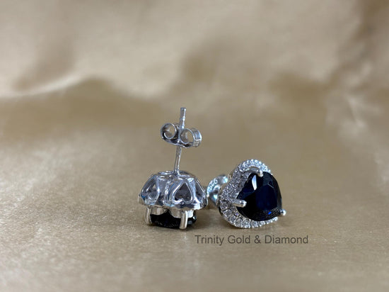Sapphire Heart Stud Earring • Halo Diamond Stud Earrings for Women • Moissanite Diamond Stud Earring for Her • Perfect Gift With Push Back