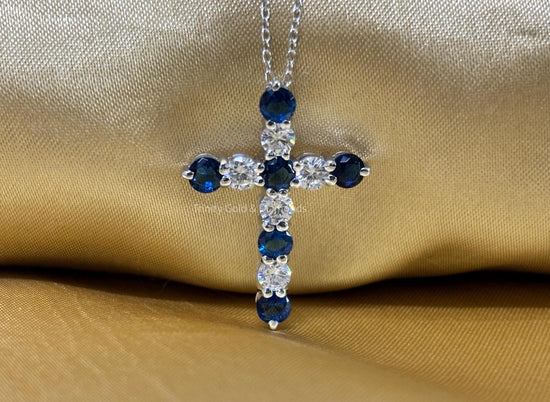 Cross Pendant • Blue Sapphire And Lab Grown Diamond Cross Pendant Necklace for Women • Multistone Cross • Perfect Christmas Gift