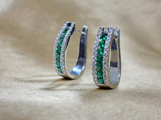 Hoop Earrings • Emerald Gemstone and White Moissanite Hoop Earrings for Women •  Perfect Gift for Women