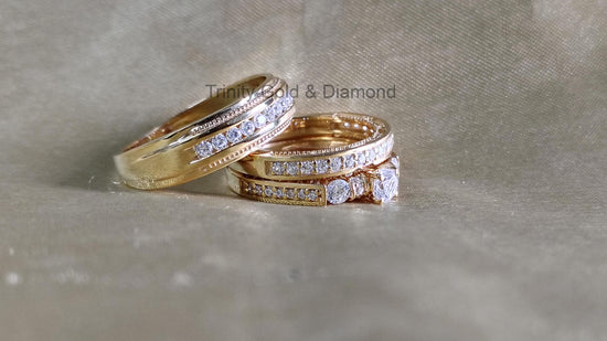 Moissanite Trio Bridal Set • Engagement Ring Set of 3 Rings • Wedding Trio Set Couple Bands • Perfect Anniversary Gift for Him and Her