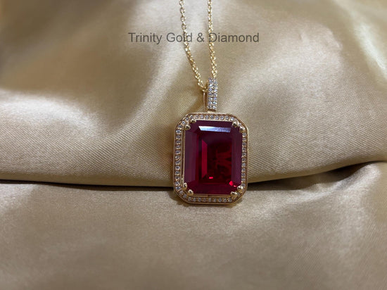 Big Ruby Pendant • Diamond Halo Big Pendant for Women • Classic Moissanite Diamond Pendant for Her