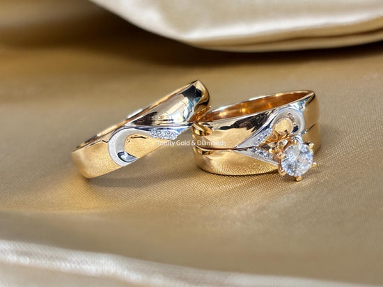 Love Trio Bridal Set • Engagement Ring Set of 3 Rings • Wedding Trio Set Couple Bands • Perfect Anniversary Gift for Him and Her •